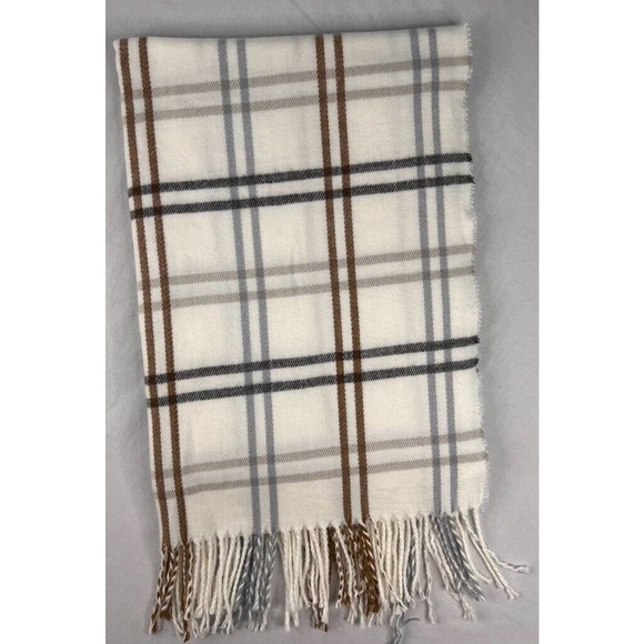 Steve Madden Womens Scarf White Plaid Rectangle Wrap Fringe Textured Fall OS - Picture 2 of 9
